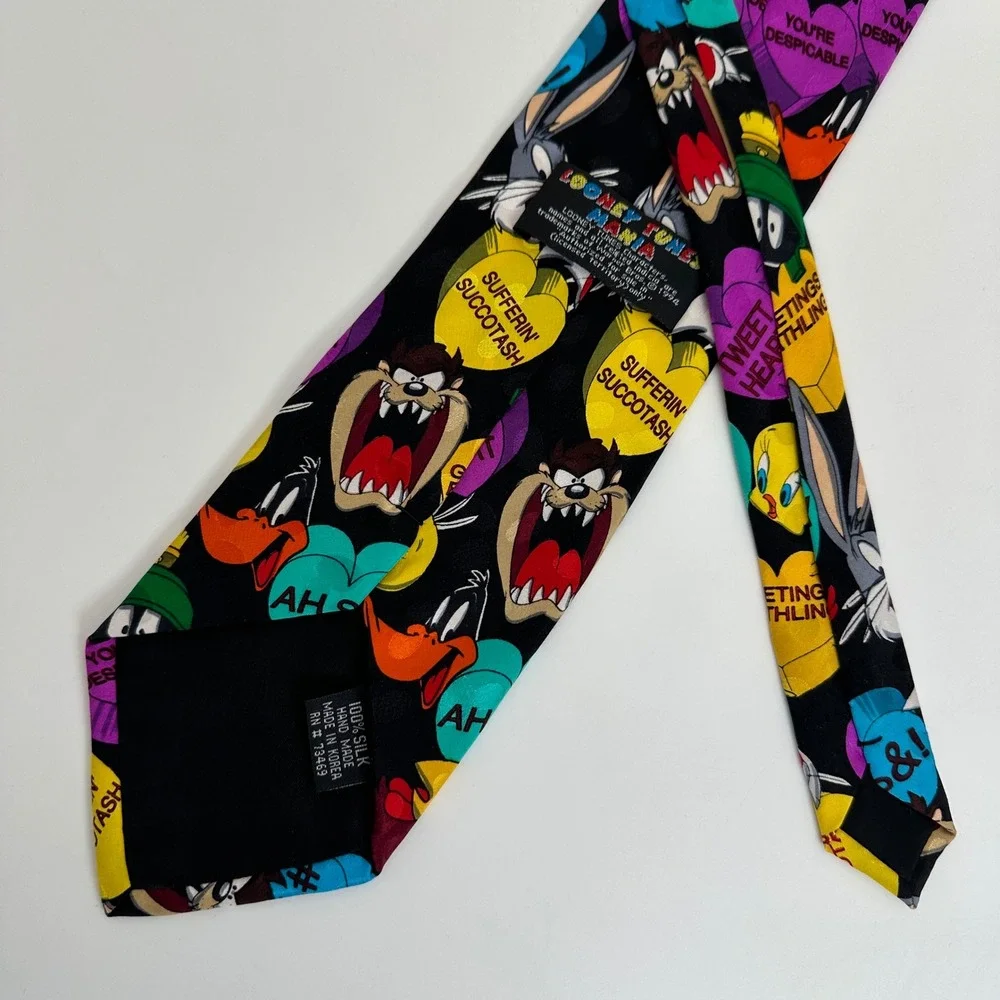 Looney Tunes Mania Necktie Black 1994 Vintage Silk Cartoon‎ Hearts Bugs Bunny